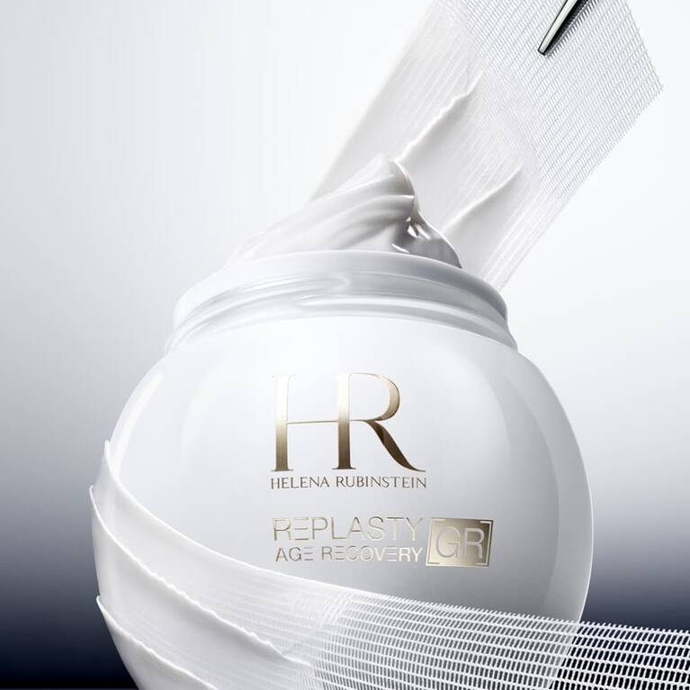 Helena Rubinstein Replasty Age Recovery GR jar wrapped in a white mesh bandage texture